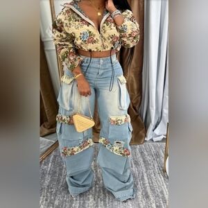 Floral Patchwork Denim Cargo Pants